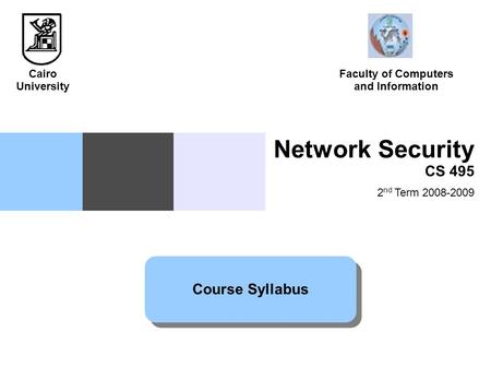 Network Security CS 495 2 nd Term 2008-2009 Course Syllabus Cairo University Faculty of Computers and Information.