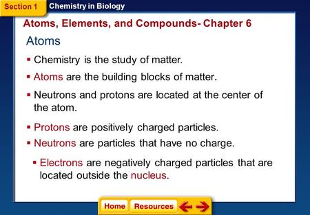 Atoms  Chemistry is the study of matter. Atoms, Elements, and Compounds- Chapter 6  Atoms are the building blocks of matter. Section 1 Chemistry in.