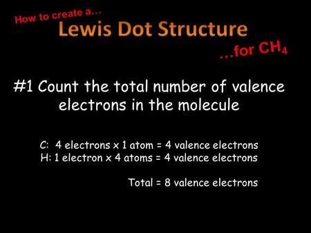 #1 Count the total number of valence electrons in the molecule C: 4 electrons x 1 atom = 4 valence electrons H: 1 electron x 4 atoms = 4 valence electrons.