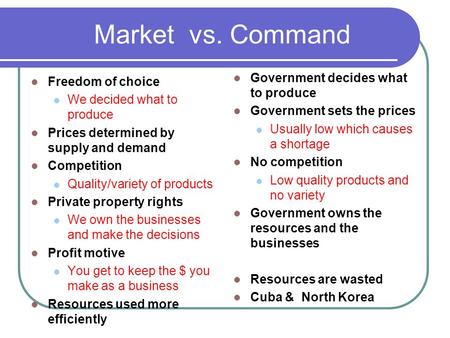 Market vs. Command Freedom of choice We decided what to produce Prices determined by supply and demand Competition Quality/variety of products Private.