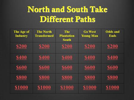 North and South Take Different Paths The Age of Industry The North Transformed The Plantation South Go West Young Man Odds and Ends $200 $400 $600 $800.