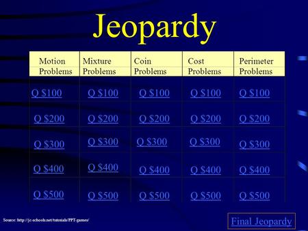 Jeopardy Motion Problems Mixture Problems Coin Problems Cost Problems Perimeter Problems Q $100 Q $200 Q $300 Q $400 Q $500 Q $100 Q $200 Q $300 Q $400.