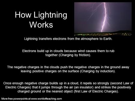 How Lightning Works Lightning transfers electrons from the atmosphere to Earth. Electrons build up in clouds because wind causes them to rub together.