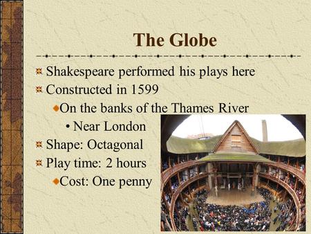 The Globe Shakespeare performed his plays here Constructed in 1599