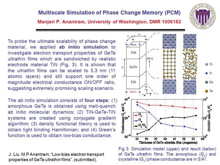 Multiscale Simulation of Phase Change Memory (PCM) Manjeri P. Anantram, University of Washington, DMR 1006182 O Ba Sr Si To probe the ultimate scalability.