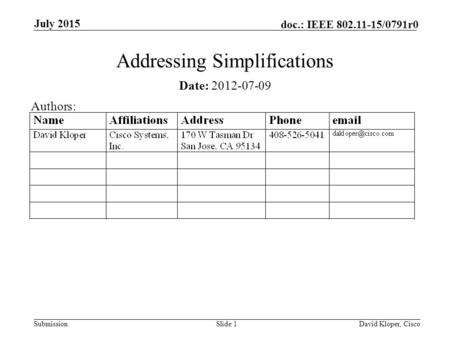 Submission doc.: IEEE 802.11-15/0791r0 July 2015 David Kloper, CiscoSlide 1 Addressing Simplifications Date: 2012-07-09 Authors: