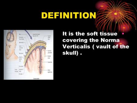 DEFINITION It is the soft tissue covering the Norma Verticalis ( vault of the skull) .