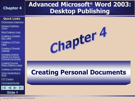 Chapter 4 Quick Links Slide 1 Performance Objectives Desktop Publishing Terms Word Features Used Creating a Compact Disc Label Creating a CD Face Label.