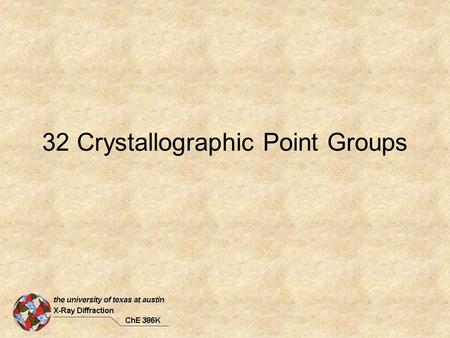 32 Crystallographic Point Groups. Point Groups The 32 crystallographic point groups (point groups consistent with translational symmetry) can be constructed.