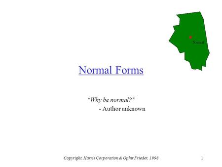 Copyright, Harris Corporation & Ophir Frieder, 19981 Normal Forms “Why be normal?” - Author unknown Normal.