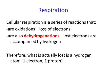 1 Respiration Cellular respiration is a series of reactions that: -are oxidations – loss of electrons -are also dehydrogenations – lost electrons are accompanied.