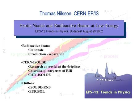 Thomas Nilsson, CERN EP/IS Exotic Nuclei and Radioactive Beams at Low Energy EPS-12 Trends in Physics, Budapest August 29 2002 Exotic Nuclei and Radioactive.