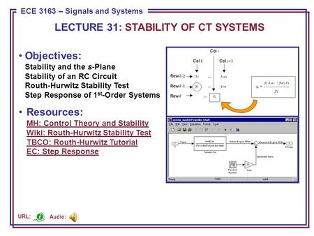 ECE 8443 – Pattern Recognition ECE 3163 – Signals and Systems Objectives: Stability and the s-Plane Stability of an RC Circuit Routh-Hurwitz Stability.