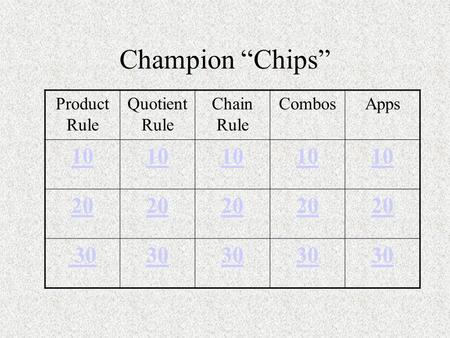 Champion “Chips” Product Rule Quotient Rule Chain Rule CombosApps 10 20 30.