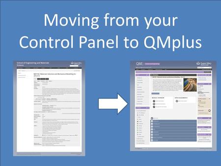 Moving from your Control Panel to QMplus. Module Organiser.
