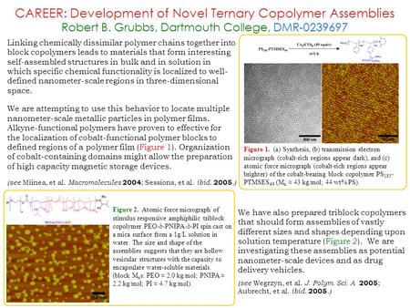 CAREER: Development of Novel Ternary Copolymer Assemblies Robert B. Grubbs, Dartmouth College, DMR-0239697 Figure 1. (a) Synthesis, (b) transmission electron.