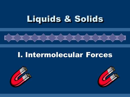 Liquids & Solids I. Intermolecular Forces. A. Definition of IMF  Attractive forces between molecules.  Much weaker than chemical bonds within molecules.