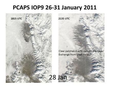 28 Jan 1815 UTC2135 UTC Clear patches due to canyon drainage/ Exchange from Utah Valley? PCAPS IOP9 26-31 January 2011.