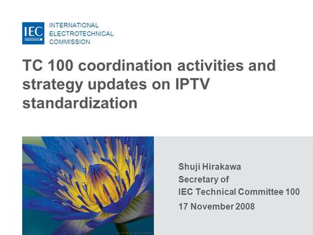 INTERNATIONAL ELECTROTECHNICAL COMMISSION Copyright © IEC, Geneva, Switzerland Shuji Hirakawa Secretary of IEC Technical Committee 100 17 November 2008.