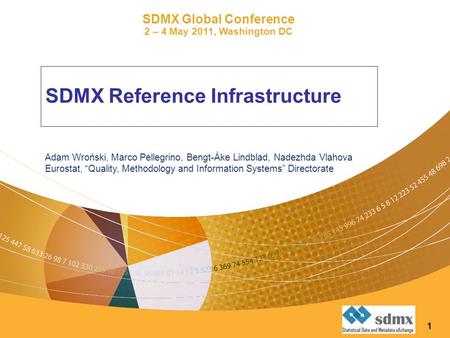 1 SDMX Reference Infrastructure SDMX Global Conference 2 – 4 May 2011, Washington DC Adam Wroński, Marco Pellegrino, Bengt-Åke Lindblad, Nadezhda Vlahova.