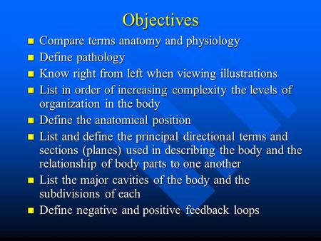 Objectives Compare terms anatomy and physiology Compare terms anatomy and physiology Define pathology Define pathology Know right from left when viewing.