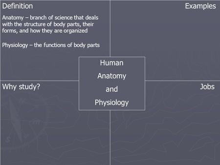 Examples Definition Why study?Jobs Human Anatomy and Physiology Anatomy – branch of science that deals with the structure of body parts, their forms, and.