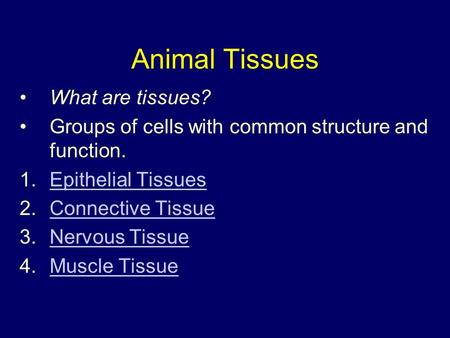 Animal Tissues What are tissues? Groups of cells with common structure and function. 1.Epithelial TissuesEpithelial Tissues 2.Connective TissueConnective.