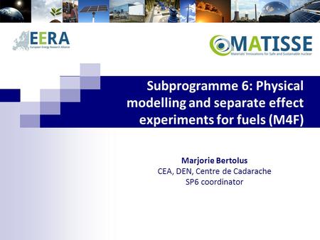 Subprogramme 6: Physical modelling and separate effect experiments for fuels (M4F) Marjorie Bertolus CEA, DEN, Centre de Cadarache SP6 coordinator.