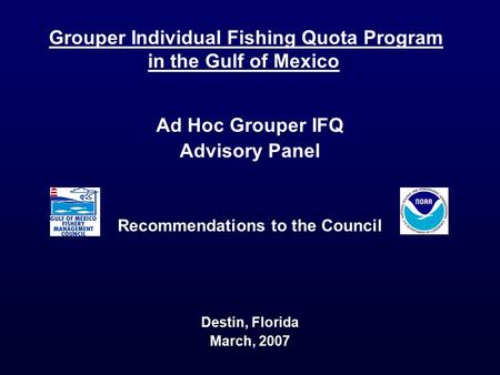 Grouper Individual Fishing Quota Program in the Gulf of Mexico Ad Hoc Grouper IFQ Advisory Panel Recommendations to the Council Destin, Florida March,