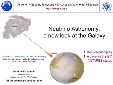 Antoine Kouchner Université Paris 7 Laboratoire APC - CEA/Saclay for the ANTARES collaboration Neutrino Astronomy: a new look at the Galaxy Astronomy Neutrino.