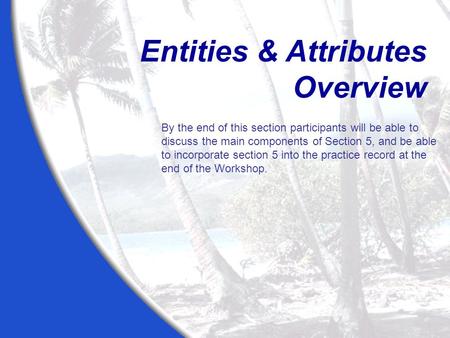 Entities & Attributes Overview By the end of this section participants will be able to discuss the main components of Section 5, and be able to incorporate.
