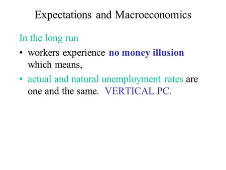 Expectations and Macroeconomics In the long run workers experience no money illusion which means, actual and natural unemployment rates are one and the.