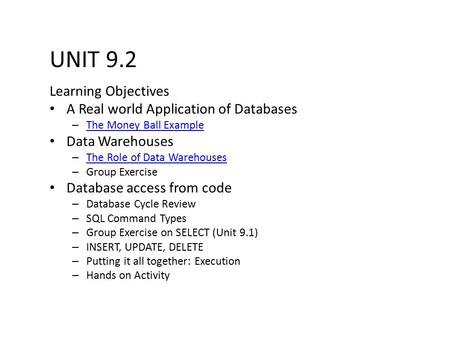 UNIT 9.2 Learning Objectives A Real world Application of Databases – The Money Ball Example The Money Ball Example Data Warehouses – The Role of Data Warehouses.