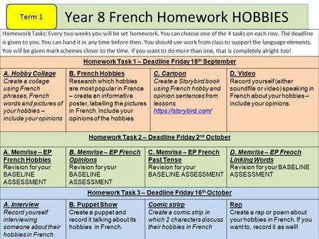 Year 8 French Homework HOBBIES