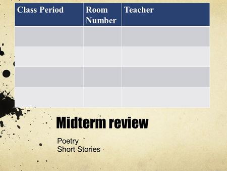 Midterm review Poetry Short Stories Class PeriodRoom Number Teacher.