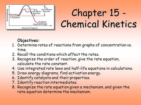 Chapter 15 - Chemical Kinetics Objectives: 1.Determine rates of reactions from graphs of concentration vs. time. 2.Recall the conditions which affect the.