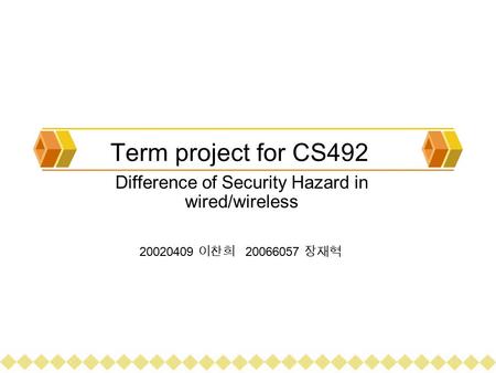 Term project for CS492 Difference of Security Hazard in wired/wireless 20020409 이찬희 20066057 장재혁.