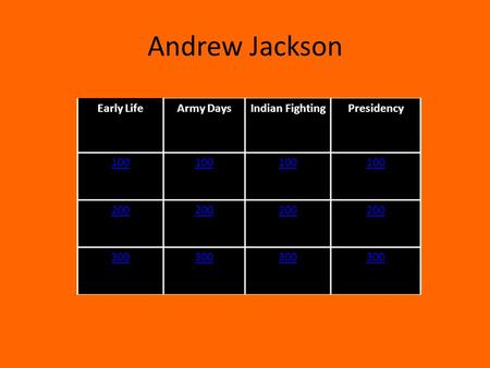 Andrew Jackson Early LifeArmy DaysIndian FightingPresidency 100 200 300.