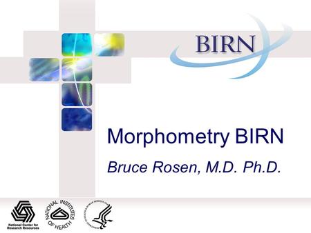 Morphometry BIRN Bruce Rosen, M.D. Ph.D.. Scientific Goal Methods –Multi-site MRI calibration, acquisition –Integrate advanced image analysis and visualization.