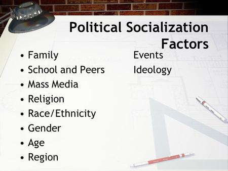 Political Socialization Factors FamilyEvents School and PeersIdeology Mass Media Religion Race/Ethnicity Gender Age Region.