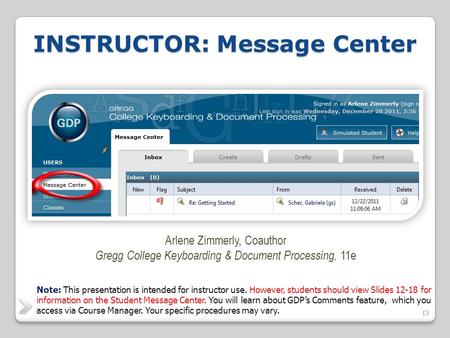  INSTRUCTOR: Message Center Arlene Zimmerly, Coauthor Gregg College Keyboarding & Document Processing, 11e Note: This presentation is intended.