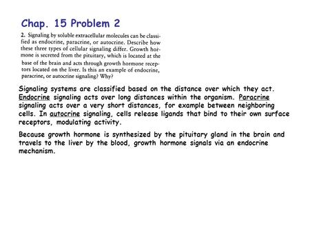 Chap. 15 Problem 2 Signaling systems are classified based on the distance over which they act. Endocrine signaling acts over long distances within the.