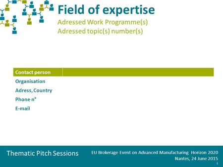 Thematic Pitch Sessions EU Brokerage Event on Advanced Manufacturing Horizon 2020 Nantes, 24 June 2015 1 Field of expertise Adressed Work Programme(s)