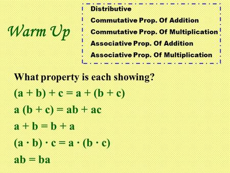 Warm Up What property is each showing? (a + b) + c = a + (b + c) a (b + c) = ab + ac a + b = b + a (a ∙ b) ∙ c = a ∙ (b ∙ c) ab = ba Distributive Commutative.