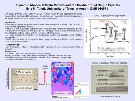 Dynamic Abnormal Grain Growth and the Production of Single Crystals Eric M. Taleff, University of Texas at Austin, DMR 0605731 Dynamic Abnormal Grain Growth.