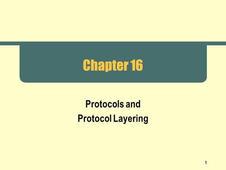 1 Chapter 16 Protocols and Protocol Layering. 2 Protocol  Agreement about communication  Specifies  Format of messages (syntax)  Meaning of messages.