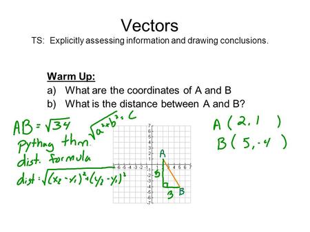 Vectors TS: Explicitly assessing information and drawing conclusions. Warm Up: a)What are the coordinates of A and B b)What is the distance between A and.