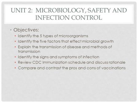 UNIT 2: MICROBIOLOGY, SAFETY AND INFECTION CONTROL Objectives: Identify the 5 types of microorganisms Identify the five factors that effect microbial growth.