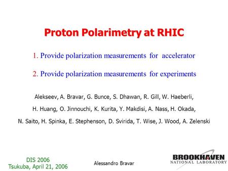 DIS 2006 Tsukuba, April 21, 2006 Alessandro Bravar Proton Polarimetry at RHIC Alekseev, A. Bravar, G. Bunce, S. Dhawan, R. Gill, W. Haeberli, H. Huang,