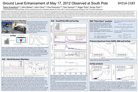 Ground Level Enhancement of May 17, 2012 Observed at South Pole SH21A-2183 Takao Kuwabara 1,3 ; John Bieber 1 ; John Clem 1,3 ; Paul Evenson 1,3 ; Tom.